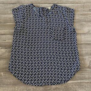 Lily White Women’s Blouse Size Medium Lightweight Shirt Sleeve Geometric Navy